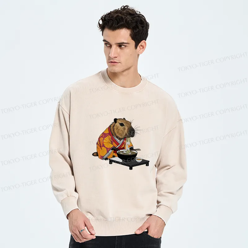Tokyo-Tiger Cute Capybara Eating Ramen Washed Sweatshirt