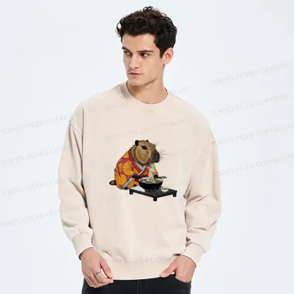 Tokyo-Tiger Cute Capybara Eating Ramen Washed Sweatshirt