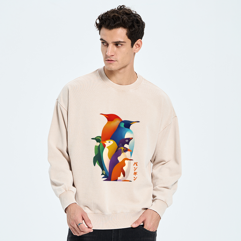 Tokyo-Tiger Cute Multi Tone Penguins Washed Sweatshirt
