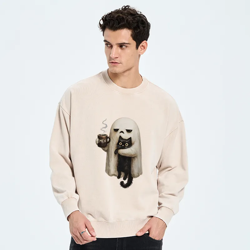 Tokyo-Tiger Ghost Cat Coffee Mood Washed Sweatshirt