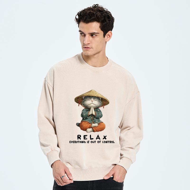 Tokyo-Tiger Zen Relax Cat Graphic Washed Sweatshirt