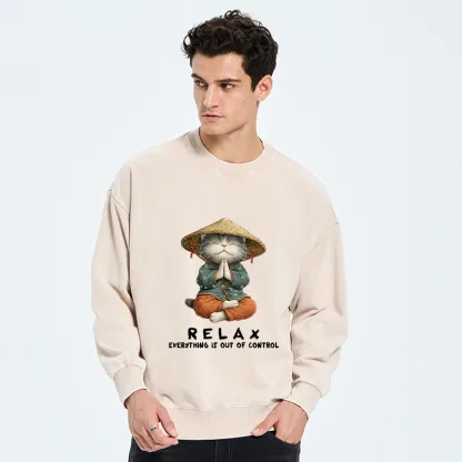 Tokyo-Tiger Zen Relax Cat Graphic Washed Sweatshirt