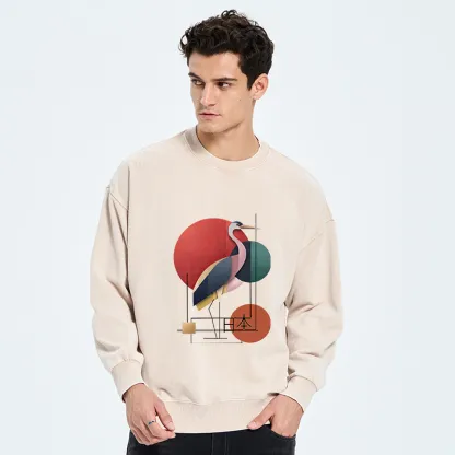 Tokyo-Tiger Geometric Crane Art Washed Sweatshirt