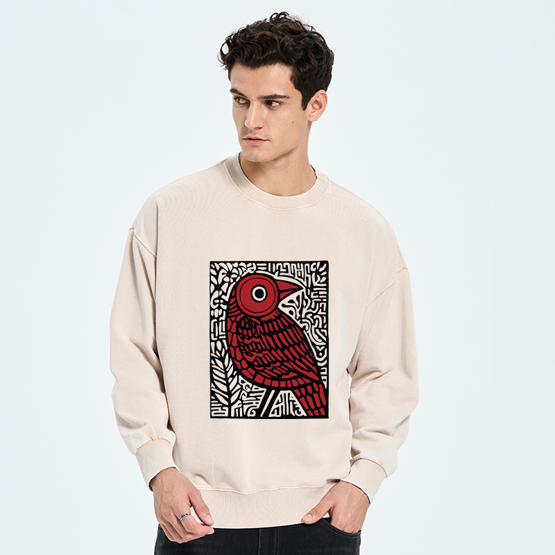 Tokyo-Tiger Retro Woodblock Bird Washed Sweatshirt
