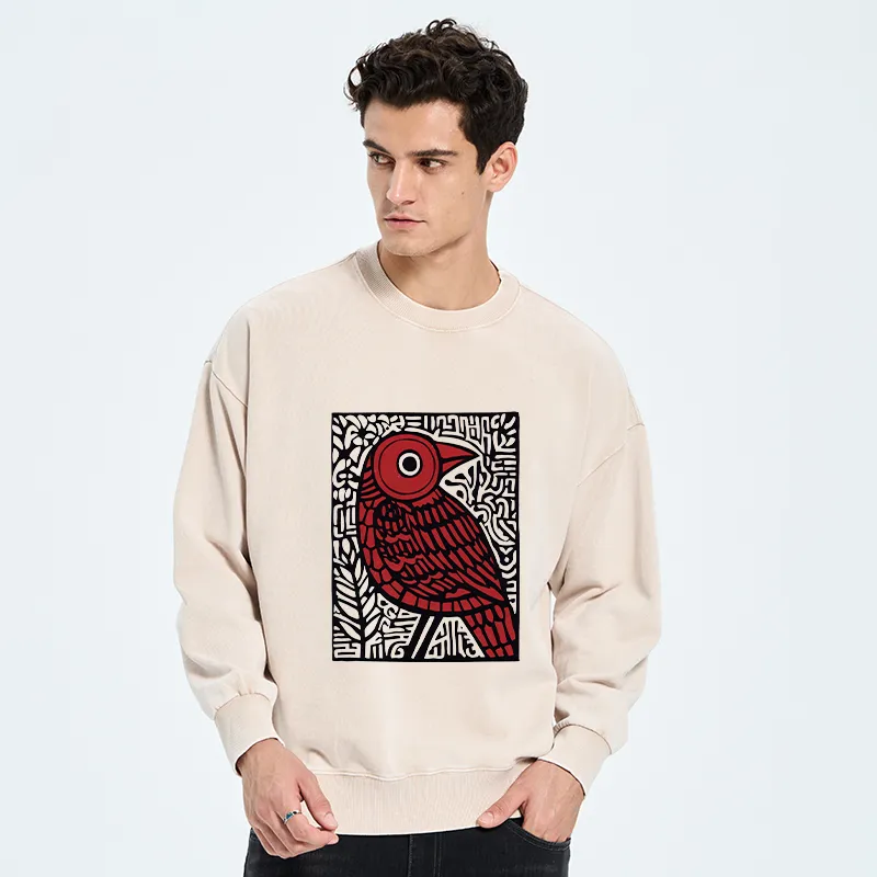Tokyo-Tiger Retro Woodblock Bird Washed Sweatshirt