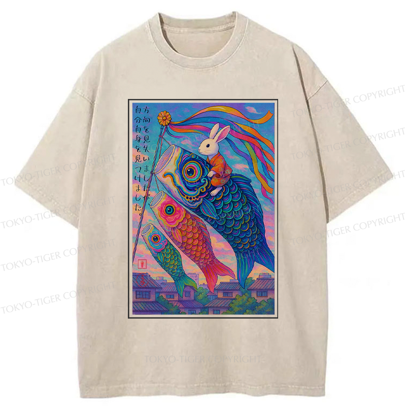 Tokyo-Tiger Ukiyoe Rabbit Ride Carp streamer Poster Washed T-Shirt