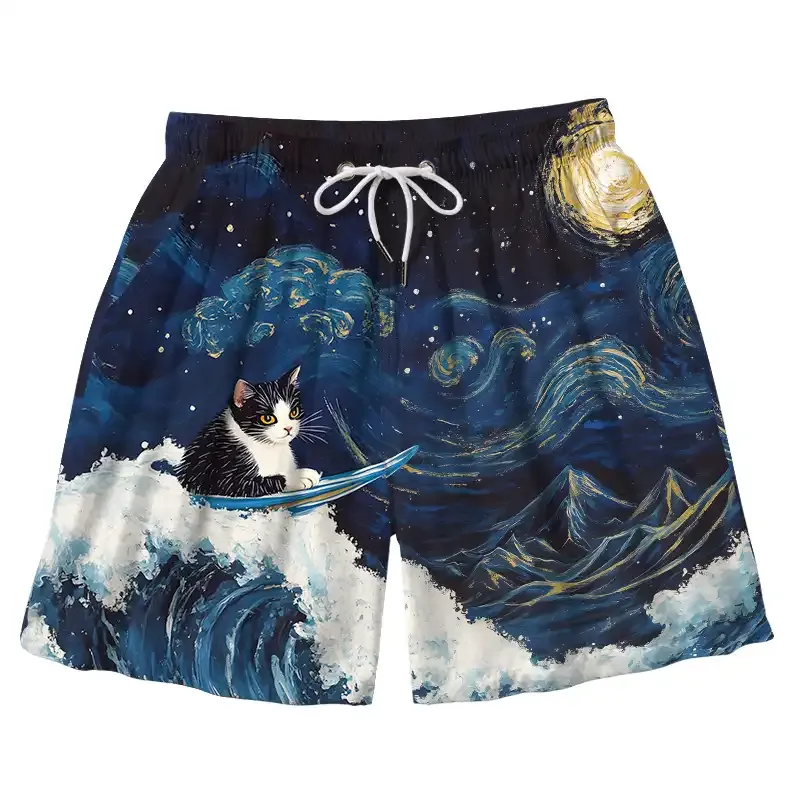 Tokyo-Tiger The Great Wave Off Cat Aloha Mens Swim Trunks