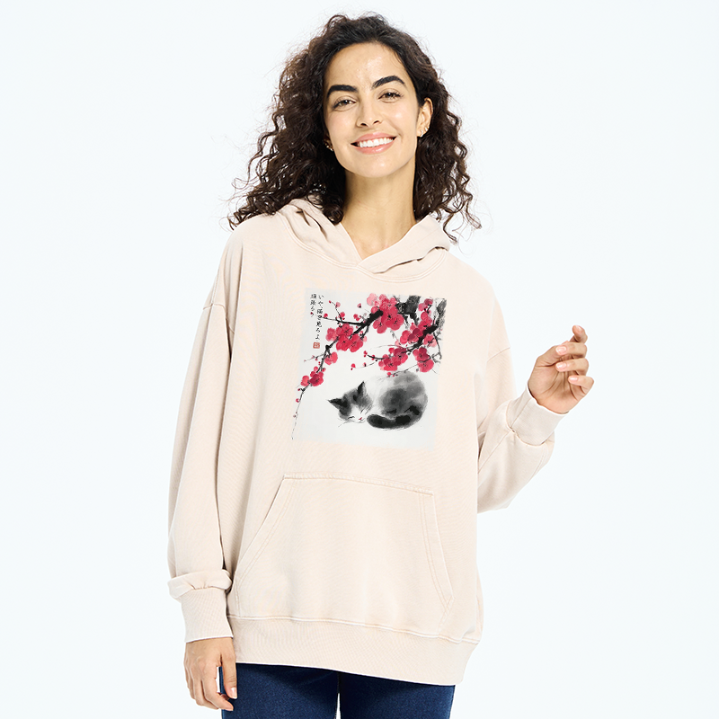 Tokyo-Tiger Ink Wash Painting: A Cat Lying Flat Under The Tree Washed Hoodie