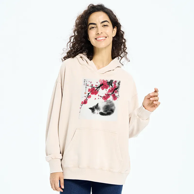 Tokyo-Tiger Ink Wash Painting: A Cat Lying Flat Under The Tree Washed Hoodie