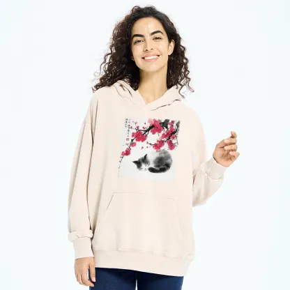 Tokyo-Tiger Ink Wash Painting: A Cat Lying Flat Under The Tree Washed Hoodie