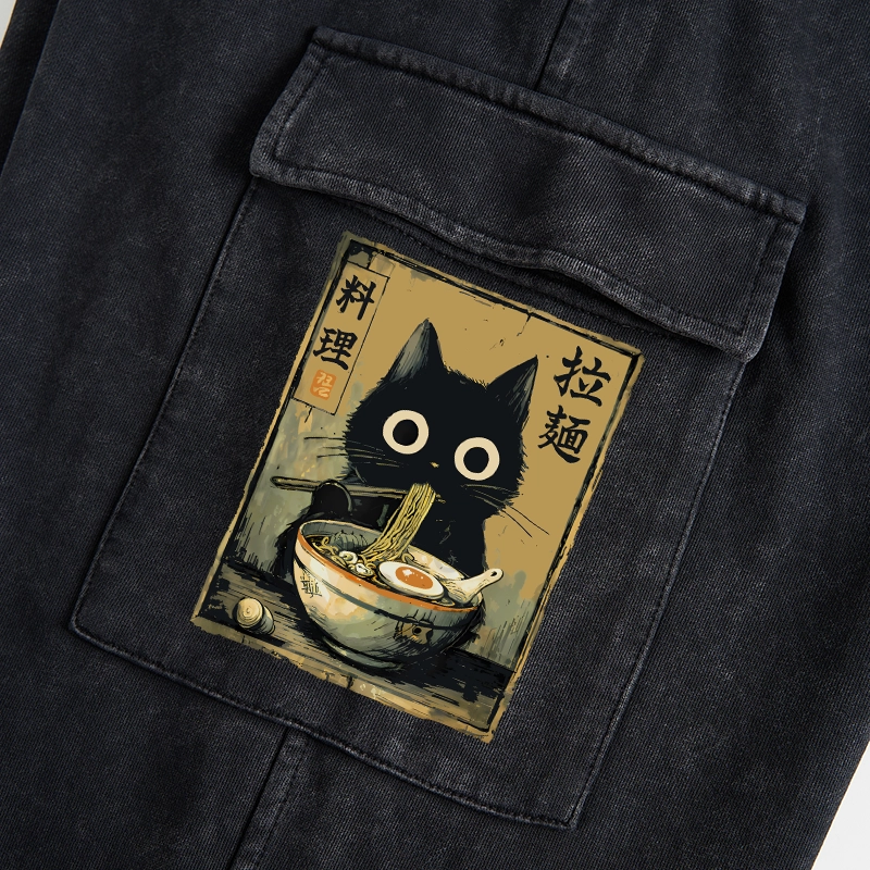 Tokyo-Tiger Cute Black Cat Eating Ramen Japan Washed Utility Sweatpants