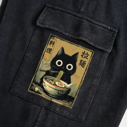 Tokyo-Tiger Cute Black Cat Eating Ramen Japan Washed Utility Sweatpants