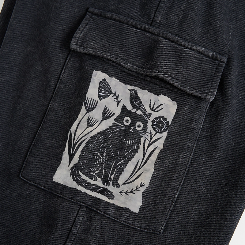Tokyo-Tiger Folk Paper Cut Cat Bird Floral Art Washed Utility Sweatpants