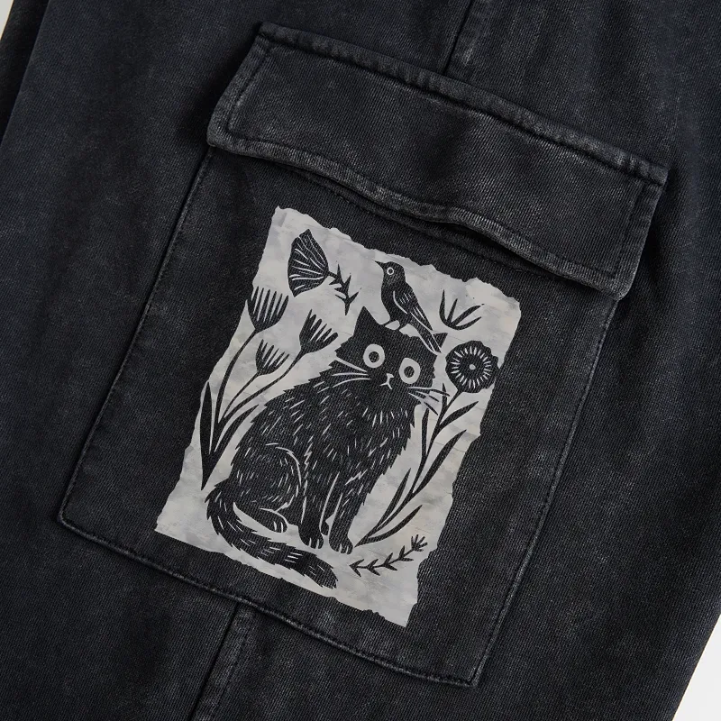 Tokyo-Tiger Folk Paper Cut Cat Bird Floral Art Washed Utility Sweatpants