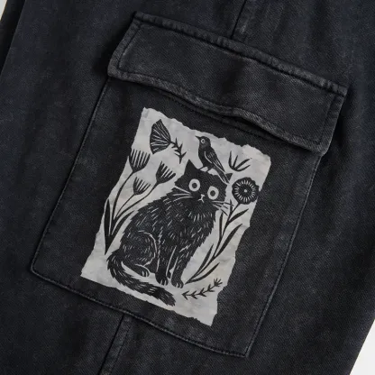 Tokyo-Tiger Folk Paper Cut Cat Bird Floral Art Washed Utility Sweatpants