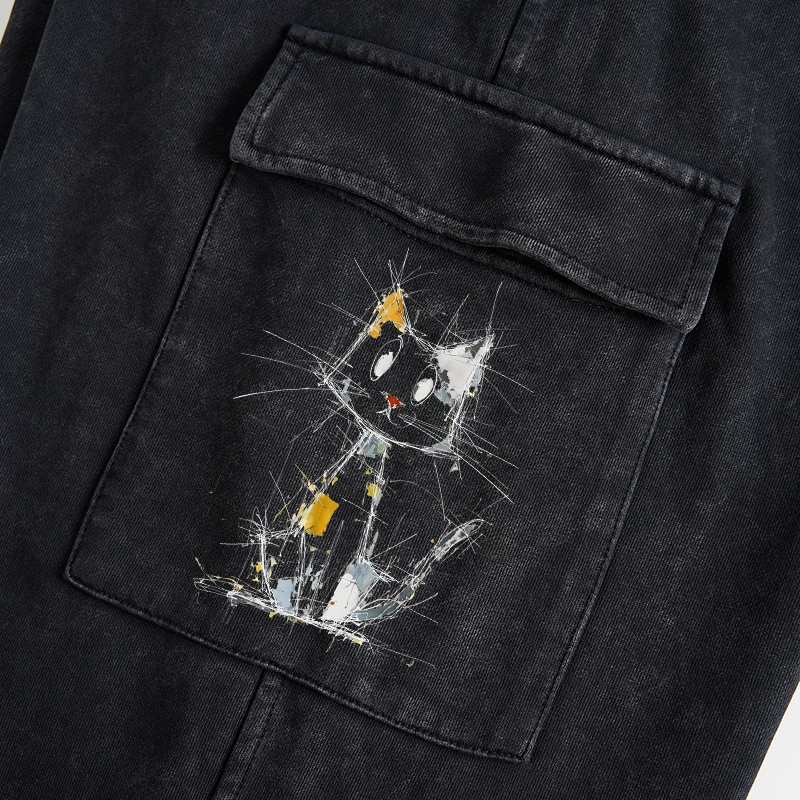 Tokyo-Tiger Minimal Splash Ink Cute Cat Washed Utility Sweatpants
