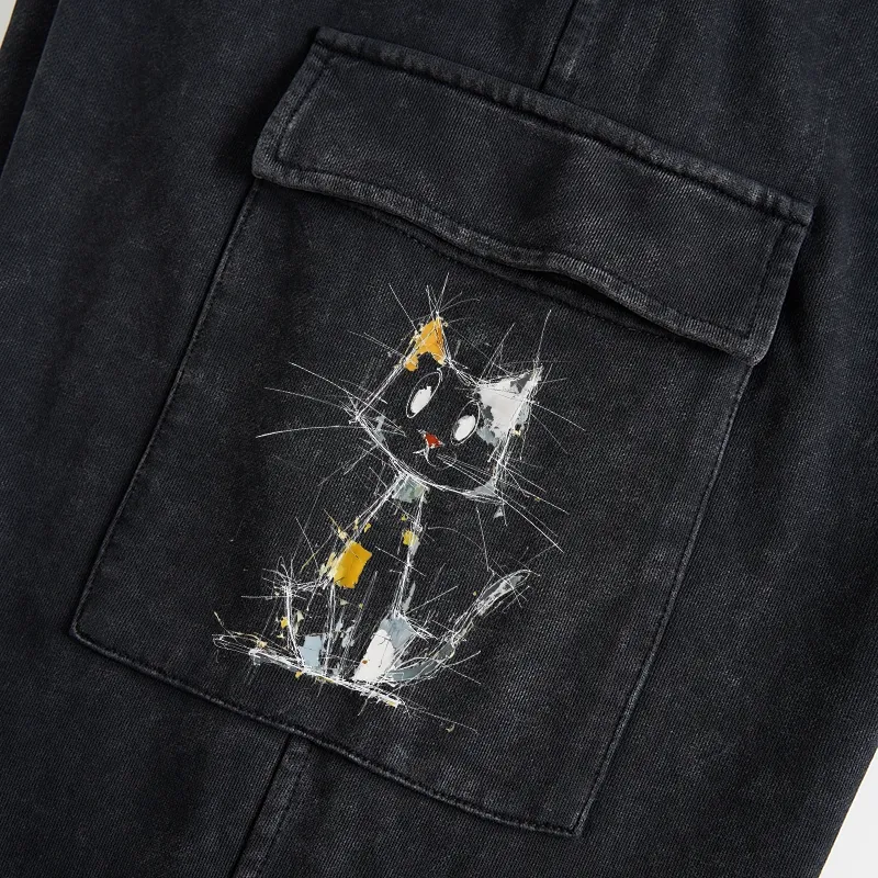 Tokyo-Tiger Minimal Splash Ink Cute Cat Washed Utility Sweatpants