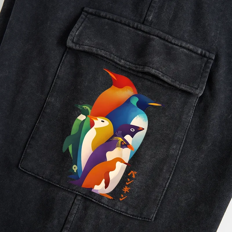 Tokyo-Tiger Cute Multi Tone Penguins Washed Utility Sweatpants