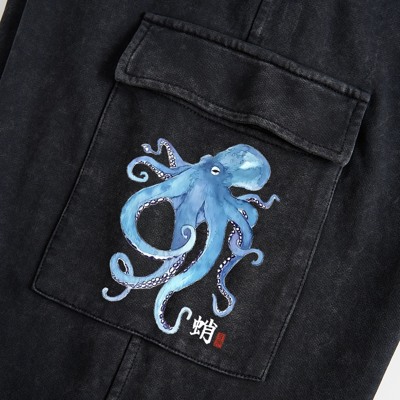 Tokyo-Tiger Watercolor Blue Octopus Washed Utility Sweatpants