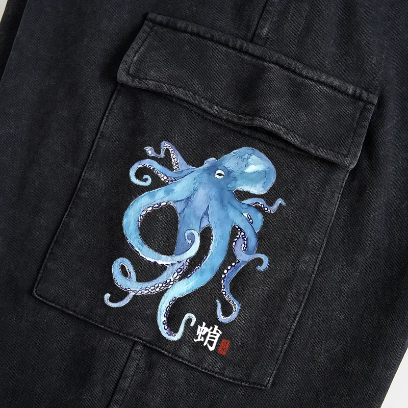 Tokyo-Tiger Watercolor Blue Octopus Washed Utility Sweatpants