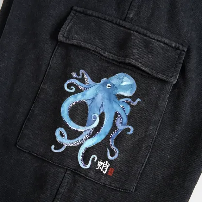 Tokyo-Tiger Watercolor Blue Octopus Washed Utility Sweatpants