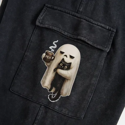 Tokyo-Tiger Ghost Cat Coffee Mood Washed Utility Sweatpants