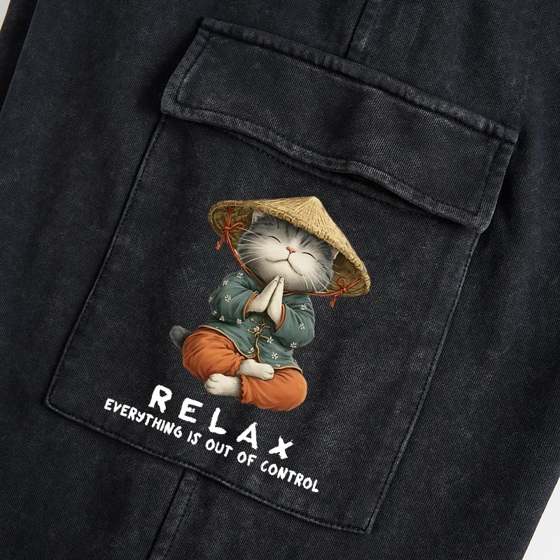 Tokyo-Tiger Zen Relax Cat Graphic Washed Utility Sweatpants