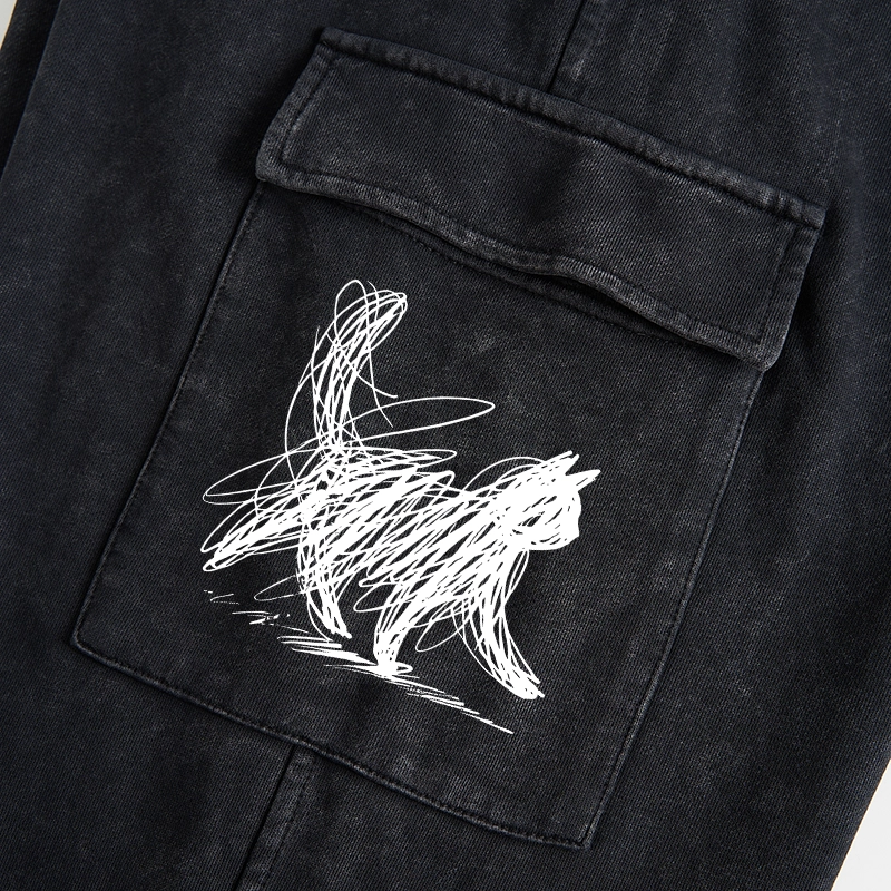 Tokyo-Tiger Minimalist Cat Art Washed Utility Sweatpants