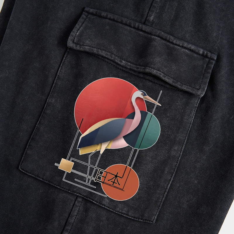 Tokyo-Tiger Geometric Crane Art Washed Utility Sweatpants