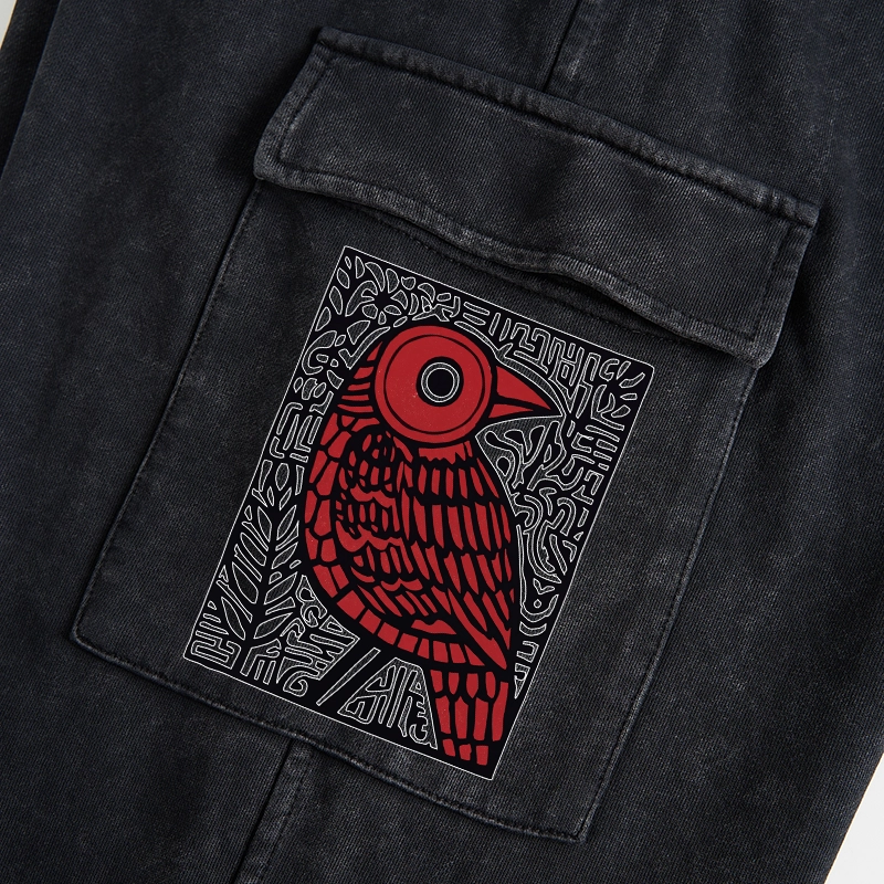 Tokyo-Tiger Retro Woodblock Bird Washed Utility Sweatpants