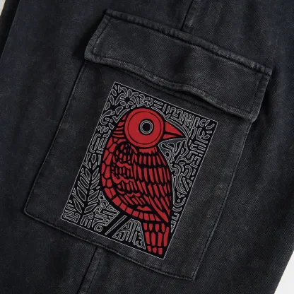 Tokyo-Tiger Retro Woodblock Bird Washed Utility Sweatpants