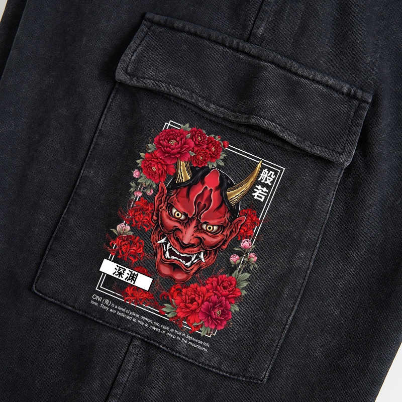 Tokyo-Tiger Cool Oni Floral Art Washed Utility Sweatpants