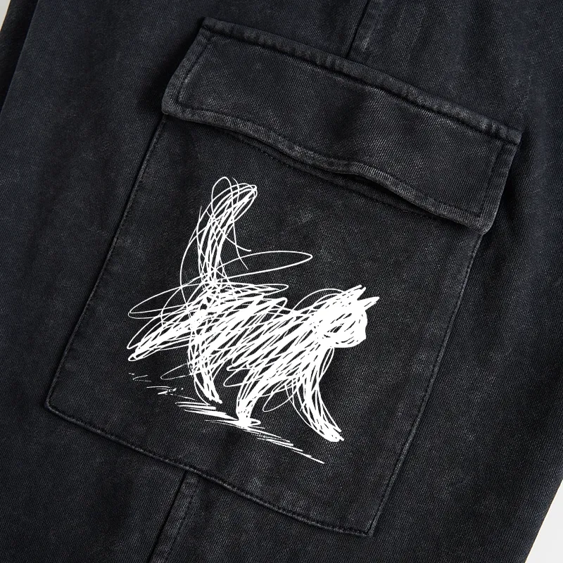 Tokyo-Tiger Minimalist Cat Art Washed Utility Sweatpants