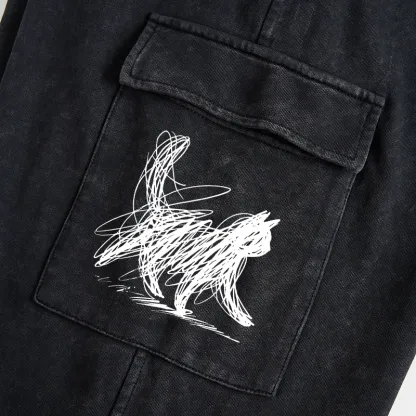 Tokyo-Tiger Minimalist Cat Art Washed Utility Sweatpants