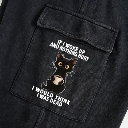 Tokyo-Tiger Funny Cute Black Cat And Coffee Meme Washed Utility Sweatpants