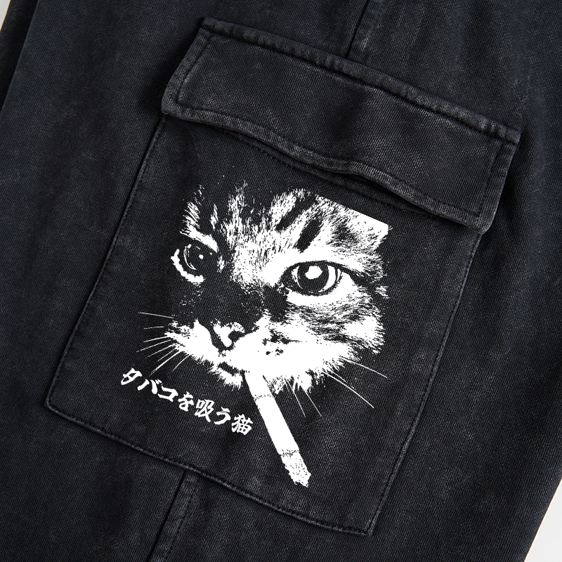 Tokyo-Tiger Retro Cat Smoking Washed Utility Sweatpants
