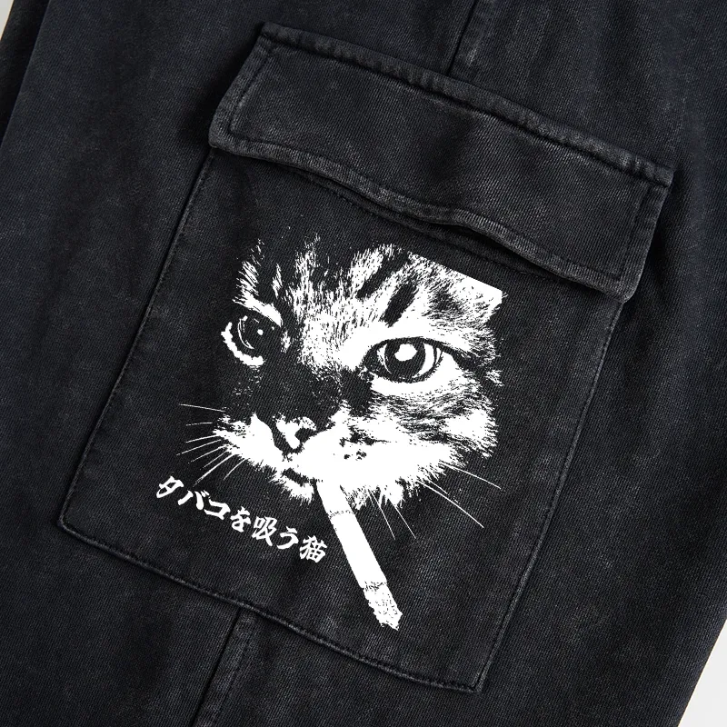 Tokyo-Tiger Retro Cat Smoking Washed Utility Sweatpants