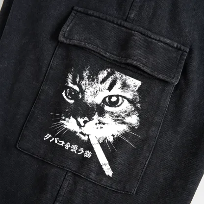 Tokyo-Tiger Retro Cat Smoking Washed Utility Sweatpants