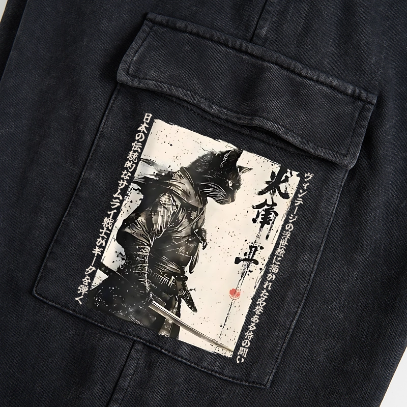 Tokyo-Tiger Cat Samurai Retro Washed Utility Sweatpants