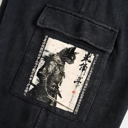 Tokyo-Tiger Cat Samurai Retro Washed Utility Sweatpants