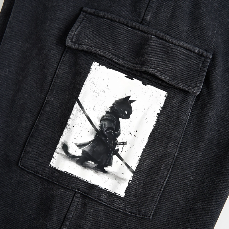 Tokyo-Tiger Retro Cat Samurai Japanese Washed Utility Sweatpants