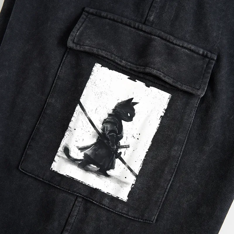 Tokyo-Tiger Retro Cat Samurai Japanese Washed Utility Sweatpants