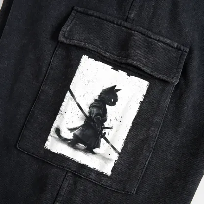 Tokyo-Tiger Retro Cat Samurai Japanese Washed Utility Sweatpants