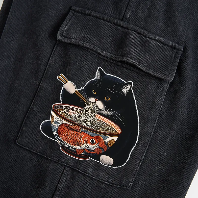 Tokyo-Tiger Fat Cat Eating Ramen Washed Utility Sweatpants