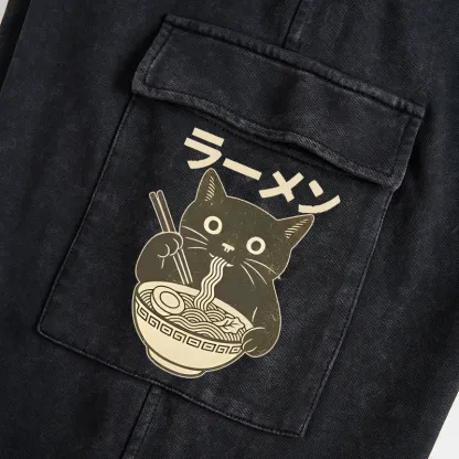 Tokyo-Tiger Simple Black Cat Eating Ramen Washed Utility Sweatpants