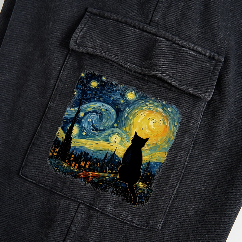 Tokyo-Tiger The Starry Night Cat Washed Utility Sweatpants