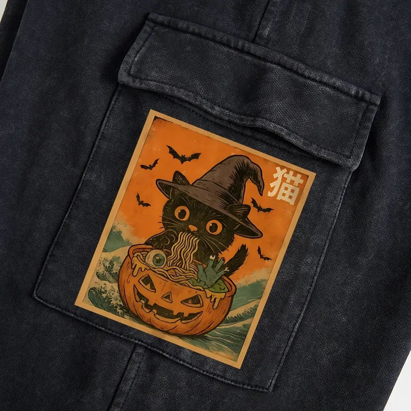 Tokyo-Tiger Halloween Cat Eating Ramen Washed Utility Sweatpants