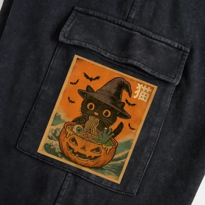 Tokyo-Tiger Halloween Cat Eating Ramen Washed Utility Sweatpants
