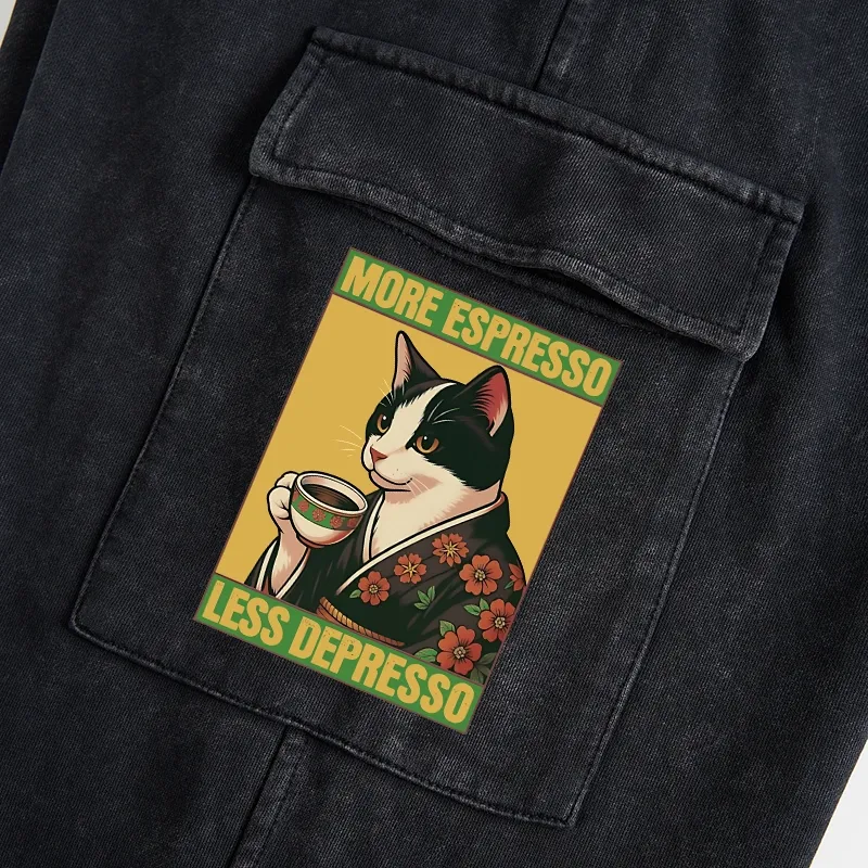 Tokyo-Tiger Tuxedo Cat Drinking Coffee Washed Utility Sweatpants