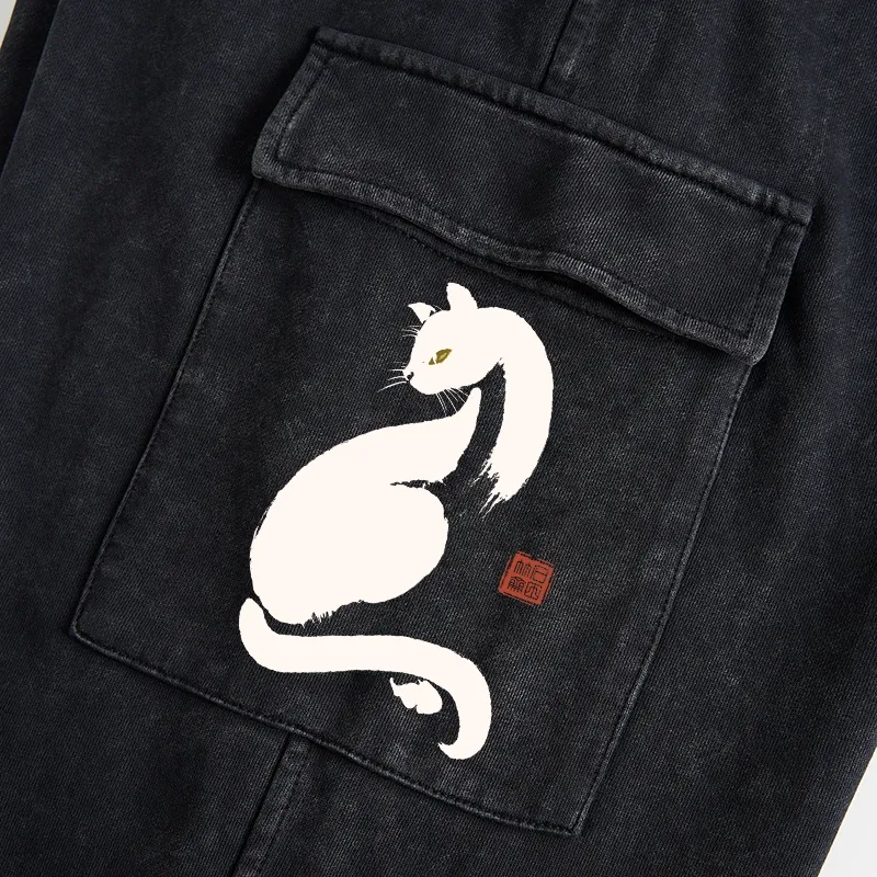 Tokyo-Tiger Elegant Black Cat Japan Washed Utility Sweatpants